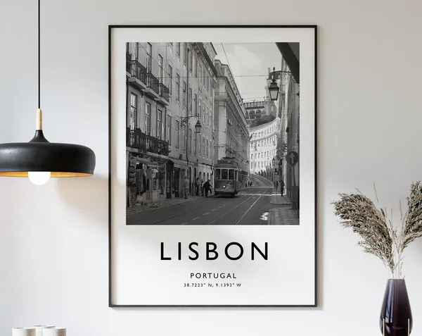 Lisbon Travel Poster, Black And White Travel Art