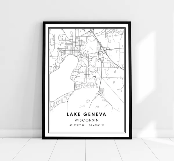 Lake Geneva Map Print, Wisconsin City Travel Poster