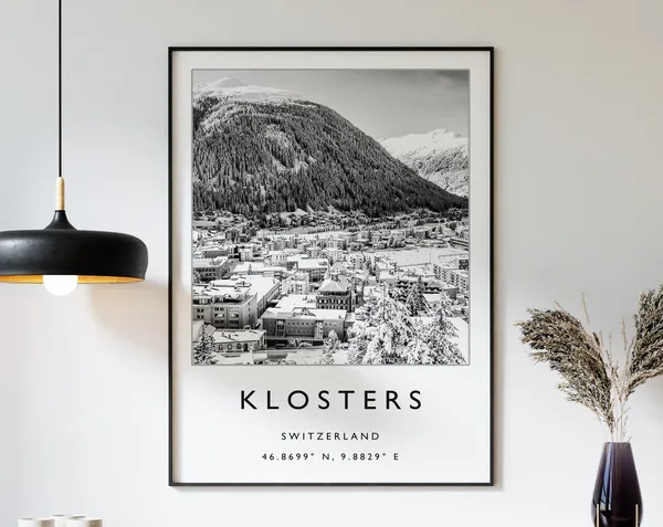 Klosters Switzerland Skiing Travel Poster, Winter Sports