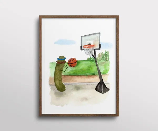 Whimsical Pickle With Mustaches Playing Basketball Art Print