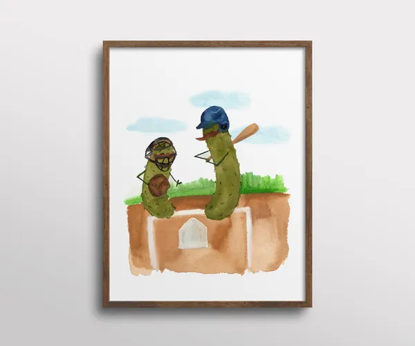 Whimsical Pickles With Mustaches Playing Baseball, Art Print