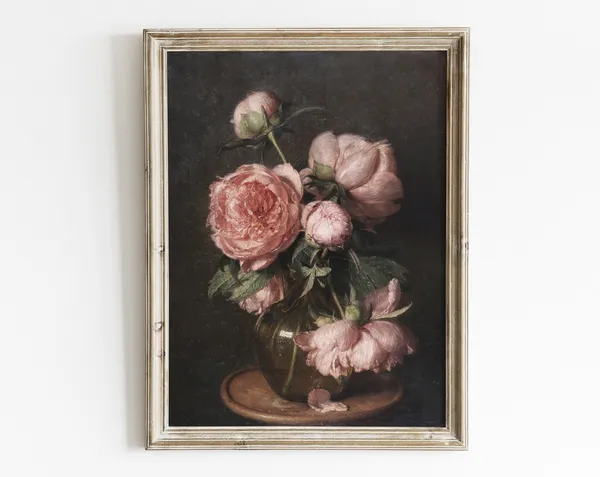 Vintage Peony Floral Oil-Painting Art Print, Botanical