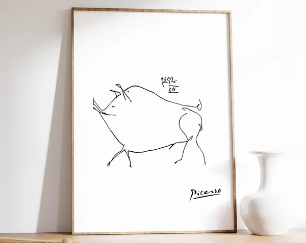 Picasso Pig Line Art Poster, Minimalist Animal Print
