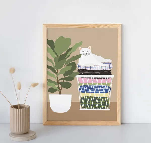 Laundry And Cat Art Print, Laundry Room Decor