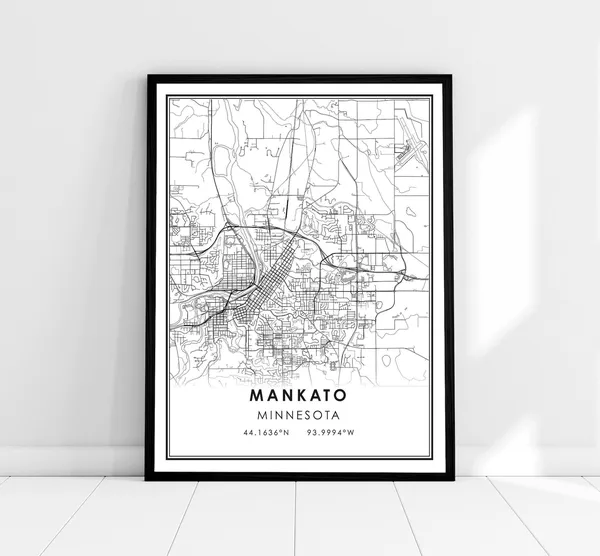 Mankato Map Art Print, Minnesota Road Map