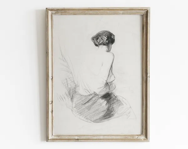 Female Figure Sketch, Vintage Minimal Line Art