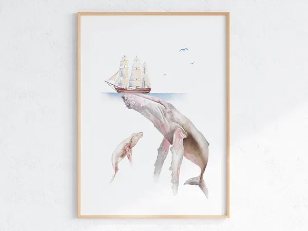 Whale Mom And Baby Watercolor Nursery Art Print