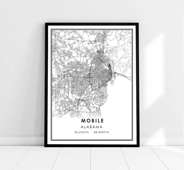 Mobile Map Print Poster, Alabama City Travel