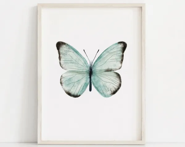 Blue Teal Butterfly Watercolor Boho Art Print