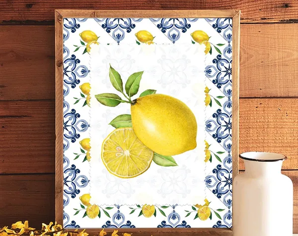 Lemons And Blue Tile Vintage Kitchen Sign