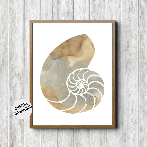 Watercolor Nautilus Sea Shell Art Print, Neutral Beach Decor