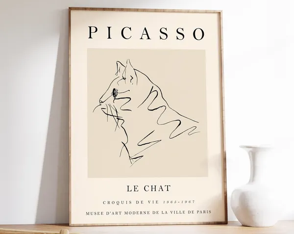 Picasso Beige Cat Poster, Vintage Minimalist Art Print