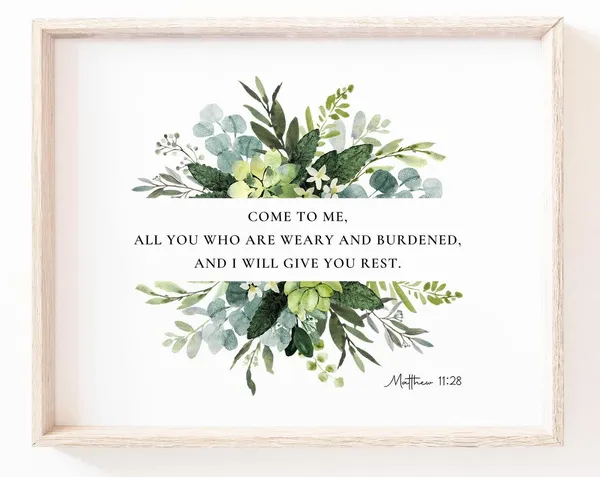 Matthew 11:28 Botanical Scripture Art Print, Christian Decor