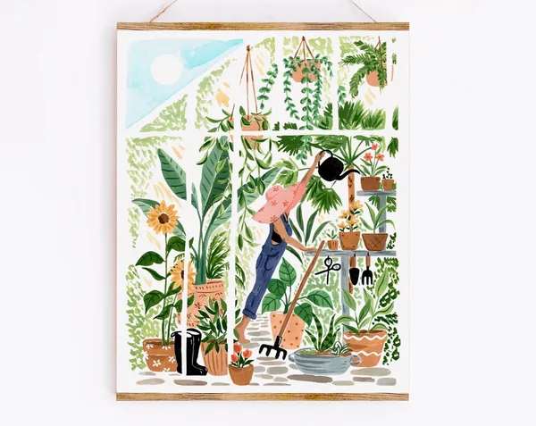 Greenhouse Garden Art Print, Botanical Watercolor