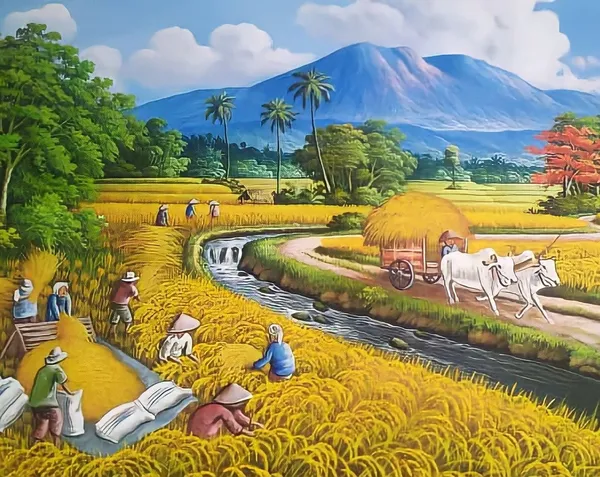 Rice Harvest Landscape Painting, Good Feng Shui Art Print