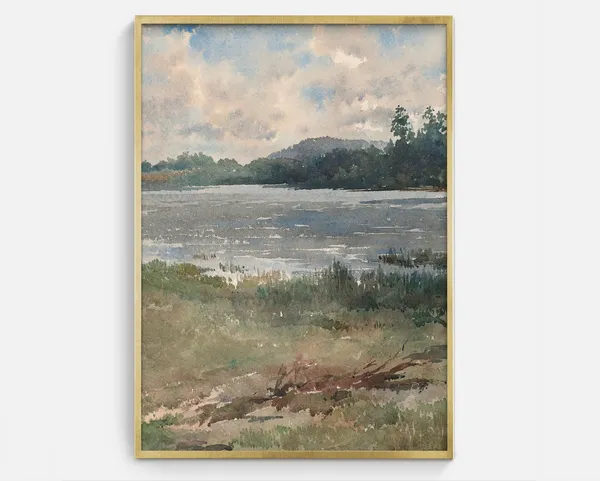 Lakeside Watercolor Vintage Landscape Art Print