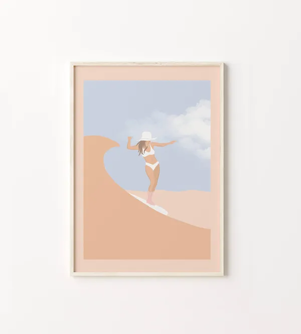 Surfing Cowgirl Boho Art Print, Western Beach Decor