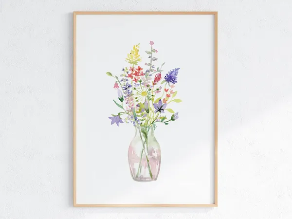Wildflower Bouquet Watercolor Art Print, Floral Vase