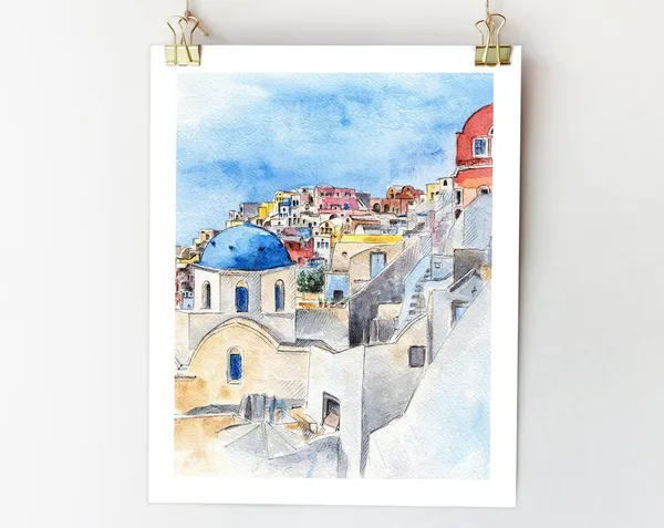 Santorini Watercolor Travel Poster, Greece Sketch