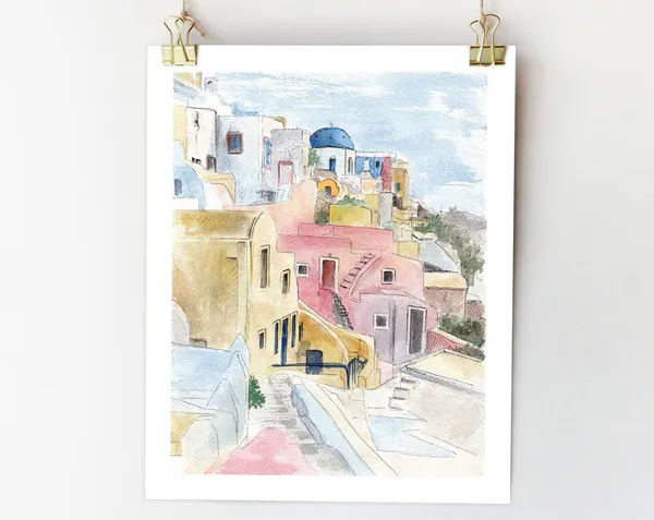 Santorini Sketch Art Print, Greece Watercolor Painting