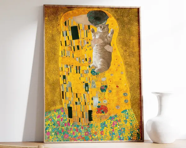 Klimt Cat Poster, The Kiss Floral Art Print