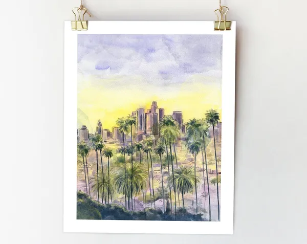 Los Angeles Sunset Travel Poster, City Sketch