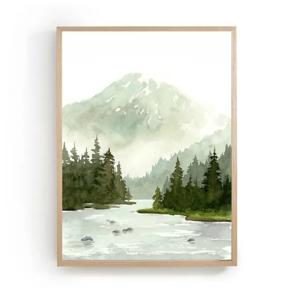 Pine Tree Mountain River Landscape Poster