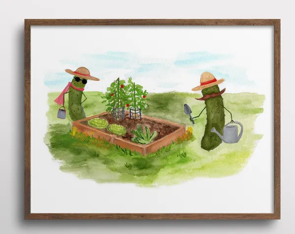 Whimsical Pickles Gardening Watercolor Art Print