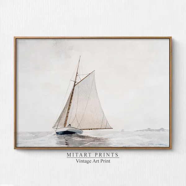 Vintage Neutral Seascape Watercolor Sailboat Art Print
