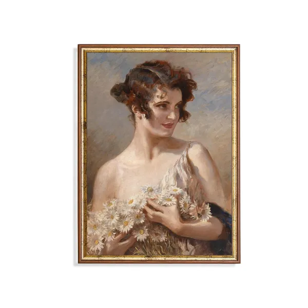 Vintage Woman Portrait with Daisies, Rustic Art Print
