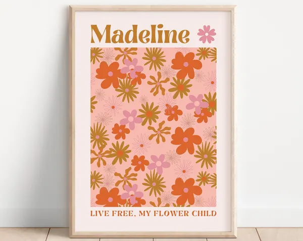 Retro Flowers Personalised Art Print, Floral Nursery