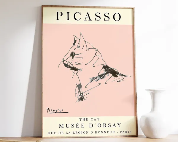 Picasso Exhibition Poster, Vintage Cat Line Drawing