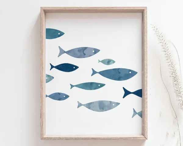 Shoal Of Fish Watercolor Art Print, Coastal Decor