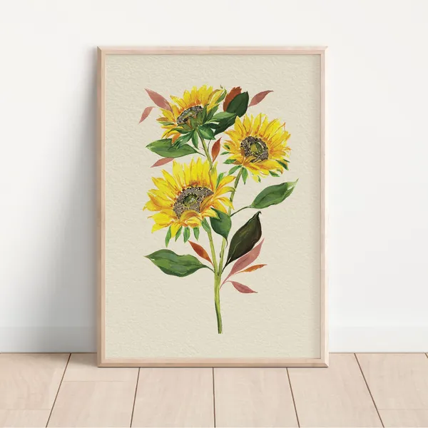 Autumnal Neutral Sunflower Art Print, Rustic Botanical