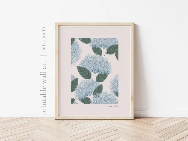 Hortensia Hydrangea Floral Pattern Poster, Cottagecore