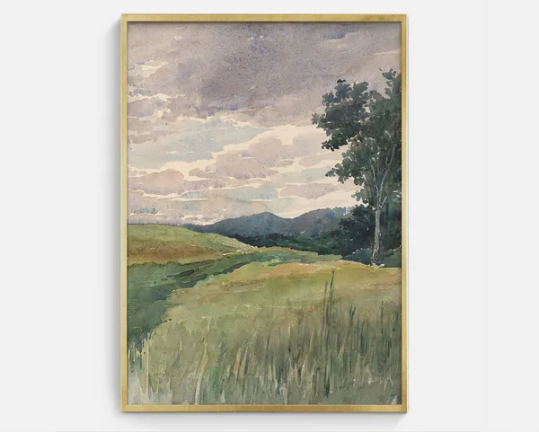 Purple Sky Watercolor Vintage Landscape Art Print