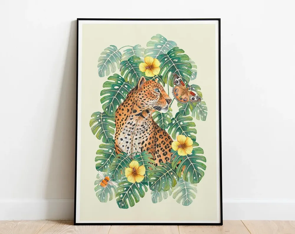 Tropical Jungle Leopard Botanical Art Print