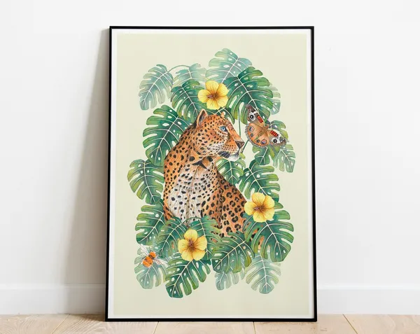 Tropical Jungle Leopard Botanical Art Print