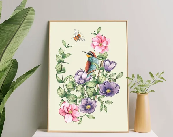 Tropical Bird Art Print, Jungle Botanical Decor