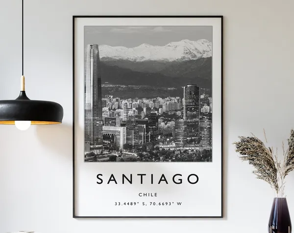 Santiago Chile Travel Poster, Black and White