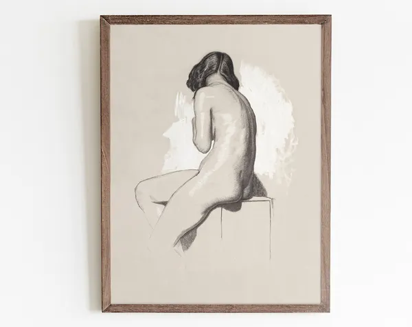 Neutral Vintage Nude Woman Sketch, Bathroom Art Print