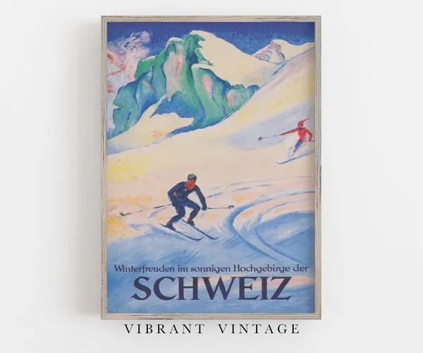 Switzerland Vintage Ski Travel Poster, Schweiz