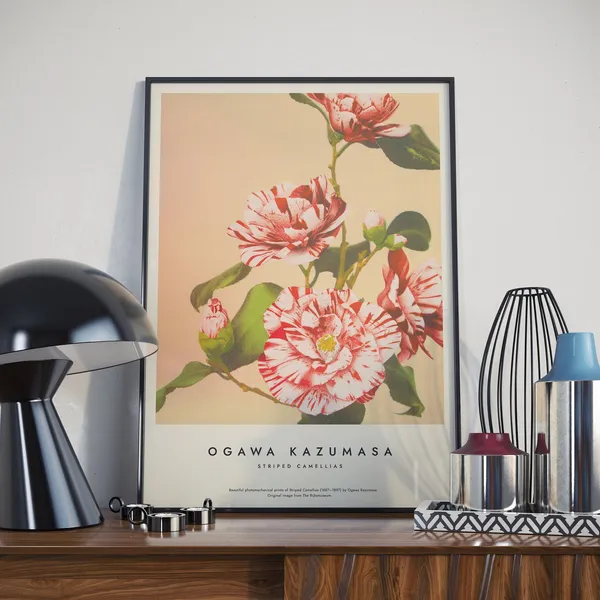 Striped Camellias Vintage Japanese Floral Art Print