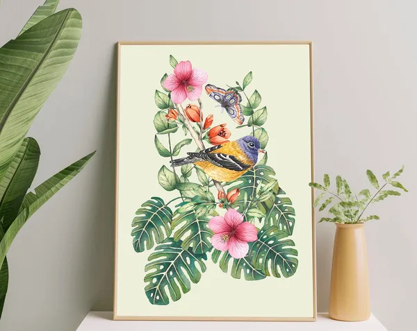 Tropical Flowers Bird Art Print, Botanical Decor
