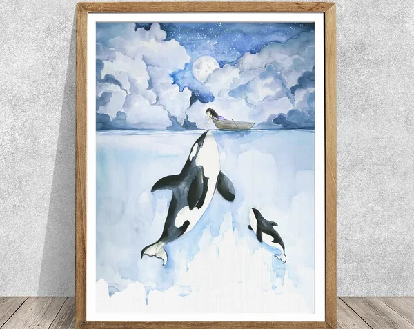 Orca Whale Watercolor Painting, Ocean Art Print
