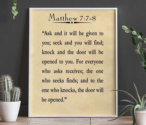 Matthew 7:7-8 Scripture Poster, Bible Wall Art