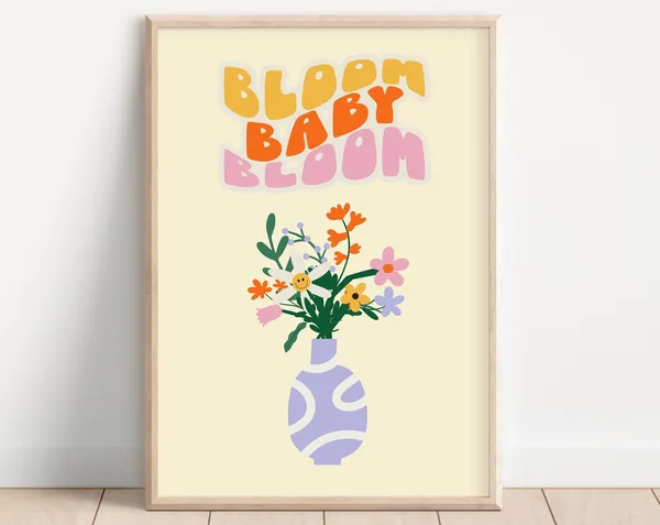 Funky Bloom Retro Floral Poster, Smiling Face