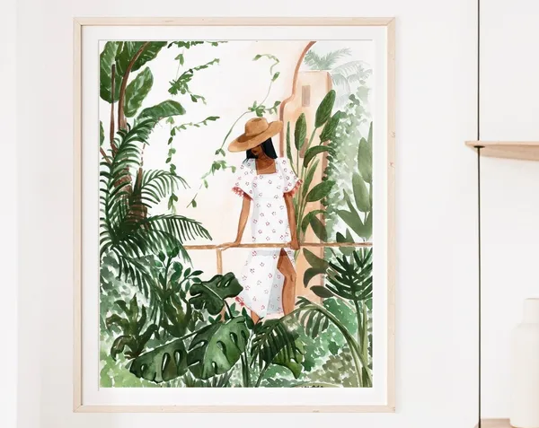 Woman And Plants Botanical Art Print, Tropical Decor