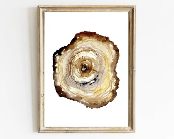 Oak Tree Ring Watercolor Painting, Minimalist Art Print