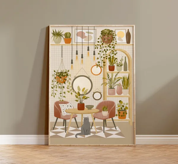 Boho House Plants With Grey Cat Art Print